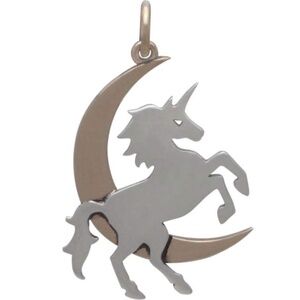 Sterling Silver Unicorn Pendant Charm with Bronze Moon